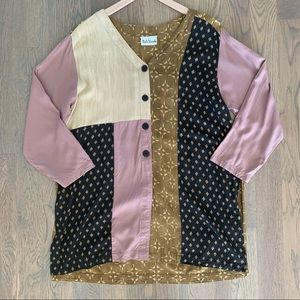 Anthro Vintage Red's Threads Patchwork Blouse Dusty Rose/Black/Tan Print Medium